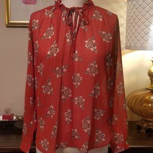 Burnt Orange Sheer Floral Blouse with Front Ties